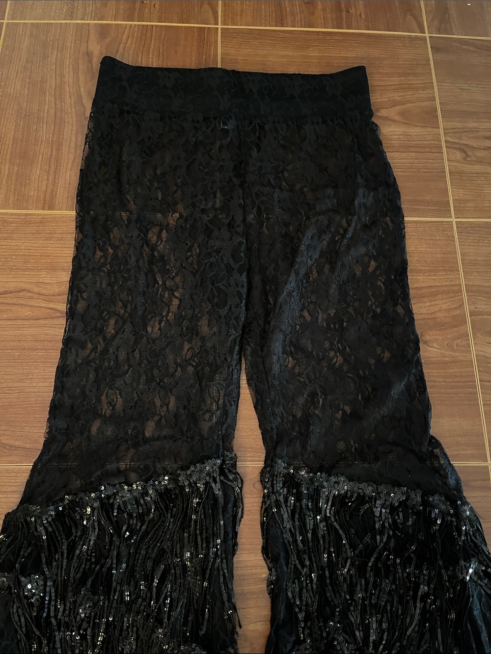 Little Black Diamond Black Lace Flare Pants with Sequin Fringe Pants - Picture 5 of 9